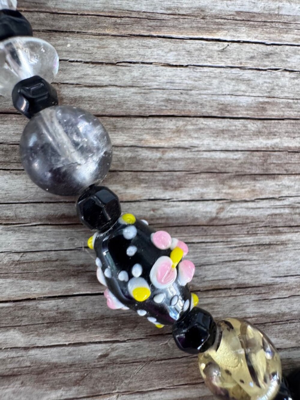 Artisan Dichroic Glass Heart Necklace Lampwork Beads Floral Black 18"-20" - Picture 3 of 9
